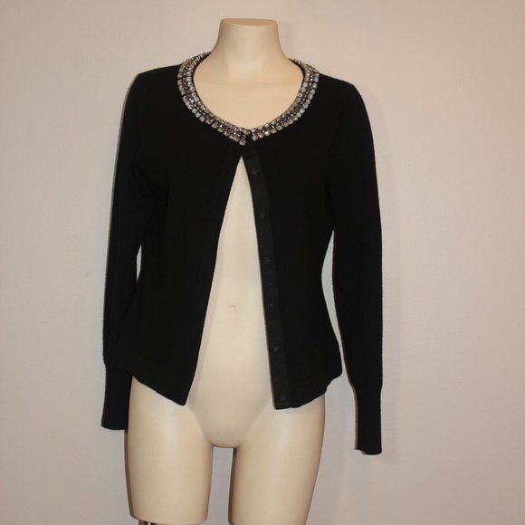 Elie Tahari Cashmere Black Cardigan crew neck with Crystal neck Decoratio size M - Picture 3 of 9